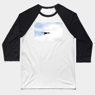 Great Blue Heron Flying Past the Clouds Above Trojan Pond 4 Baseball T-Shirt